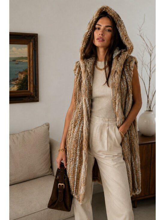 525 america Jackets & Blazers - 525 America Genuine Rabbit Fur Hooded Vest Women’s Long Sleeveless Coat Boho M